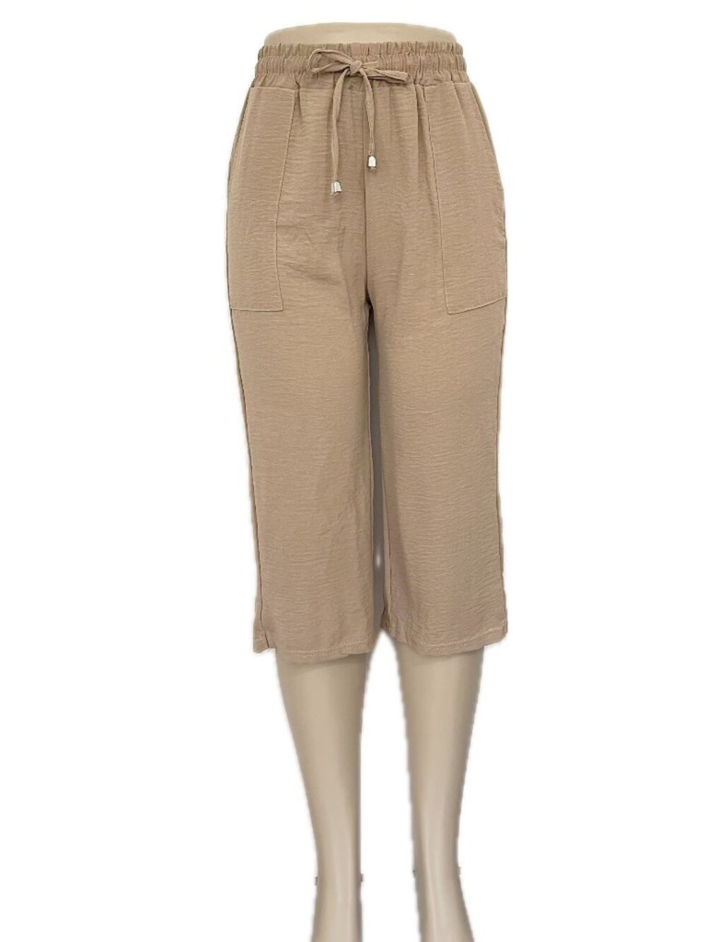 Women Summer Airflow Drawstrings Capris Pants- Beige M/L